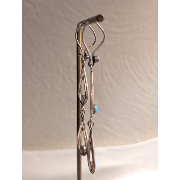 Vintage Petit Point Turquoise 925 Sterling Silver Dangle Kidney Wire Earrings - Picture 3 of 5